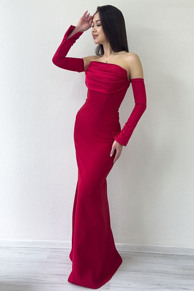 thezkscom Women's Strapless Sleeve Accessory Fish Satin Alya Dress White, Black, Red
