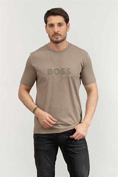 BOSS Erkek Regular Fit Yuvarlak Yaka Monogram Logolu Kısa Kollu Bej T-Shirt 5...