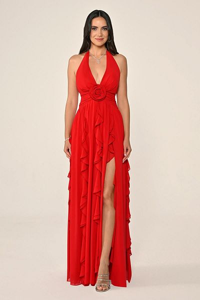 ALFABETA Women's Halter Neck V-Neck Big Rose Accessory Curvy Moving Skirt Part Red Evening Dress &