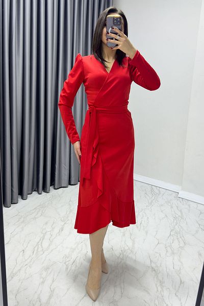 thezkscom Women's Red Long Sleeve Flounced Belted Plus Size Dress