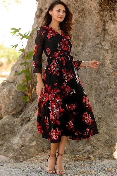 thezkscom Black Floral Double Breasted Collar Lined Plus Size Chiffon Lined Dress Sk