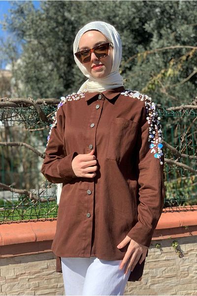 Moda Rosa 25K5365 - Brown - Pul İnci̇ Detail Gabardine Jacket