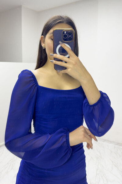 thezkscom Γυναικείο φόρεμα με ντραπέ από τούλι τετράγωνο γιακά μαύρο, σακ, ροζ, λιλά, κόκκινο, πούδρα