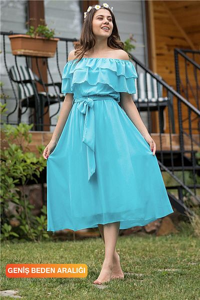 thezkscom Madonna Ruffle Collar Baby Blue Plus Size Chiffon Dress