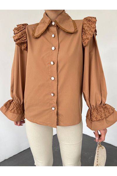 MELEK KOSTAK Women's Design Baby Collar Scalloped Embroidered Shoulder Sleeve Ruffled Button Brode Poplin Hijab Shirt