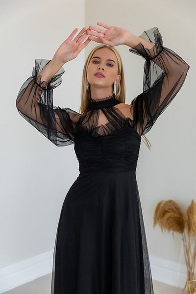 thezkscom Women's Black Tulle Draped Plus Size Evening Dress