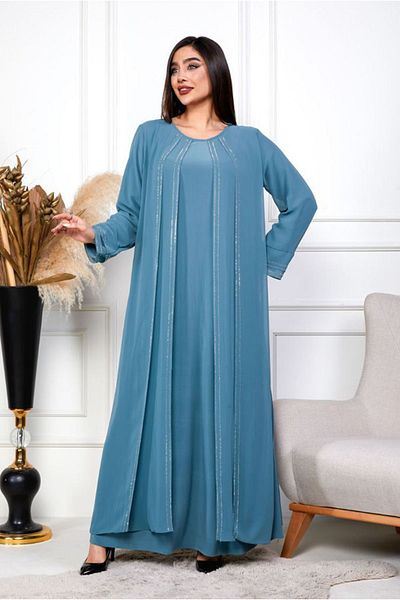 Moda Rosa 25Y6060 - Blue - Large Size Water Way Stone Evening Dress