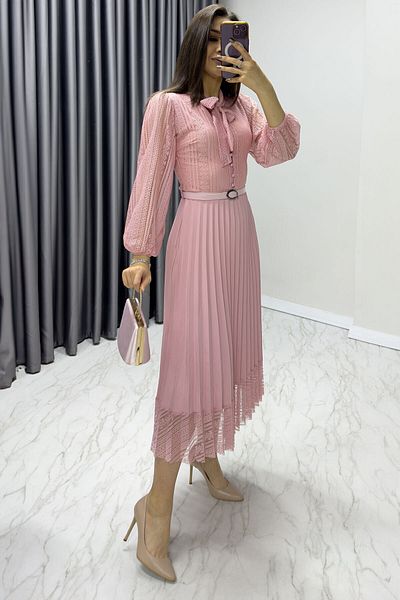 thezkscom Pink Halter Lace Detail Pleated Evening Dress