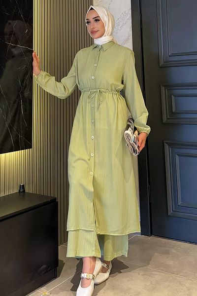 julude Mint Self Patterned Waist Tie Detailed Hijab Tunic Pants Double Set