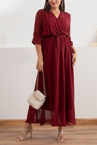 thezkscom Women's Burgundy Long Double Breasted Collar Chiffon Dress