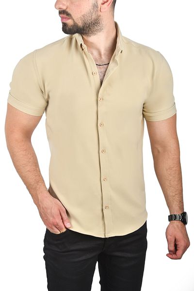 DeepSEA Men's Beige Slim Fit Lycra Sports Shirt Slim Fit Short Sleeve Shirt 2501315