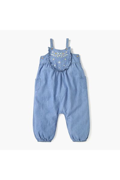 Juniors Embroidered Denim Dungaree with Button Closure