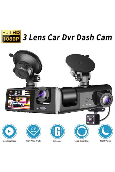 CLAUSTEEL Triple Dash Cam 1080P, 3 Lenses, 170° Wide, Night Vision, Loop, G-Sensor, 2" LCD