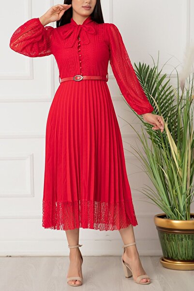 thezkscom Red Halter Neck French Guipure Pleated Evening Dress