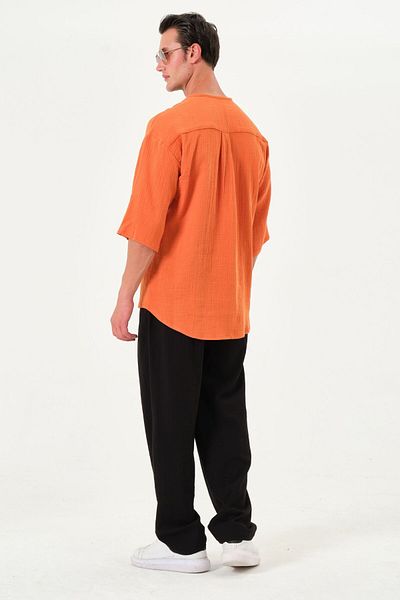 RELAXL 100% Cotton Muslin Oversize Summer Orange Shirt Placket Collar Poor Sleeve