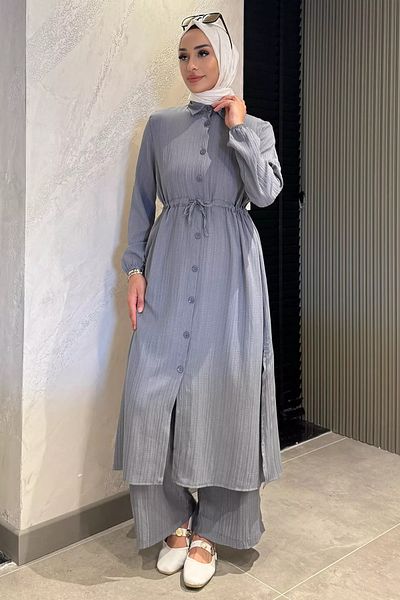 julude Gray Self Patterned Waist Tie Detailed Hijab Tunic Pants Double Set