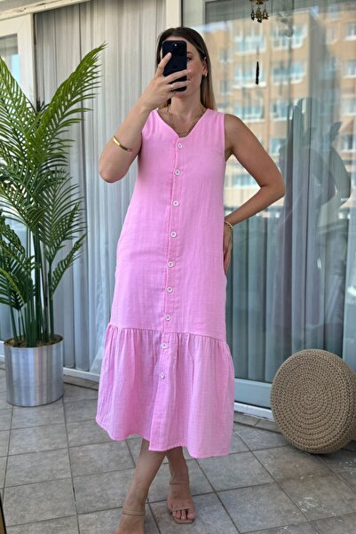 Mivida Ön Düğmeli Atlet Yaka Pembe Uzun Müslin Elbise