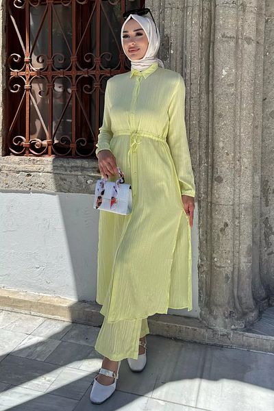 julude Yellow Self Patterned Waist Tie Detailed Hijab Tunic Pants Double Set