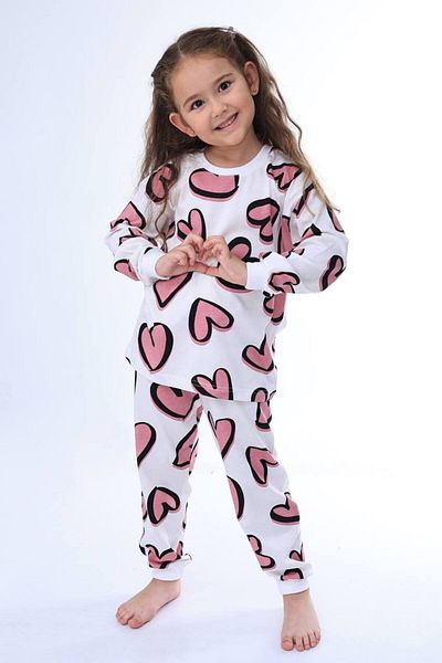Pajama Shop Girls' 100% Cotton White Color Pink Heart Patterned Long Sleeve Winter Pajama Set