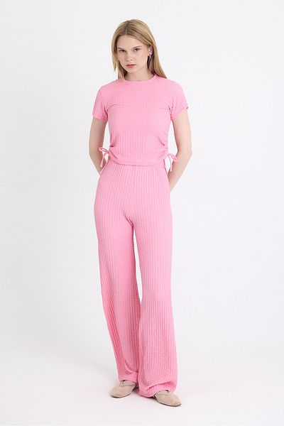 Rays Pink Wrinkle Textured Gathered Crop and Wide Leg Pants Set 3001