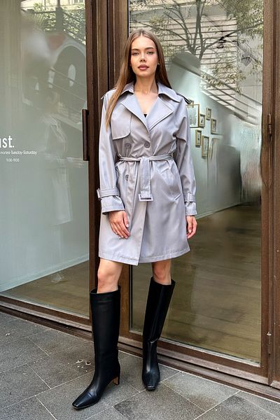 moda armanc Women's Belted Buttoned Double Breasted Collar Trench Coat - Gray 9360