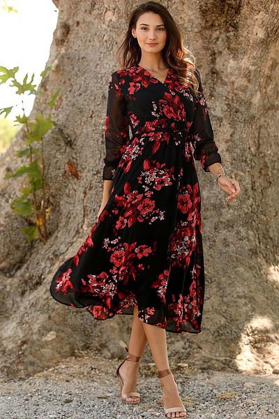 thezkscom Black Floral Double Breasted Collar Lined Plus Size Chiffon Lined Dress Sk