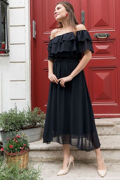 thezkscom Madonna Ruffle Collar Black Plus Size Chiffon Dress