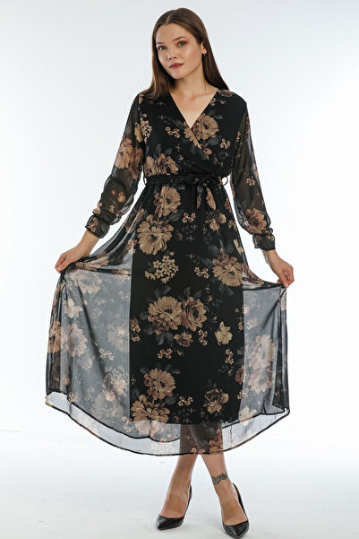 thezkscom Black Flower Pattern Double Breasted Plus Size Chiffon Dress
