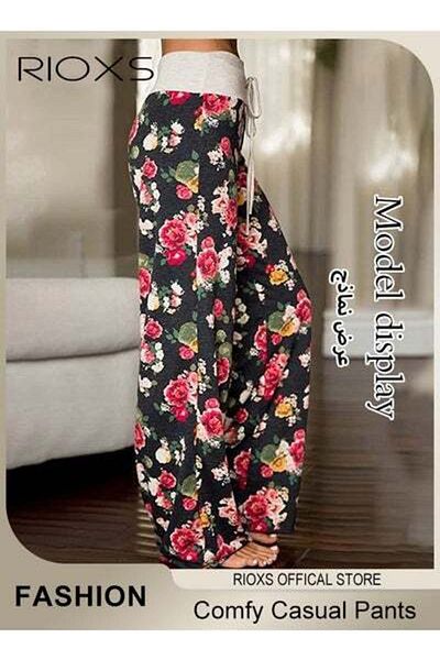 RIOXS Women's Casual Pants Stretch Floral Print Drawstring Trousers High Waisted Wide Leg Lounge Pants