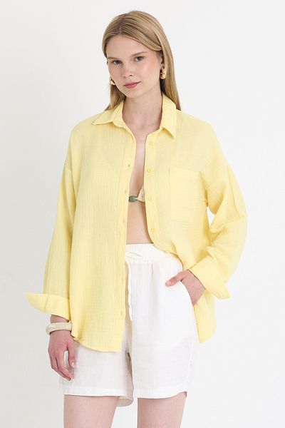Rays Cămașă oversize din muselină galbenă, 100% bumbac, cu o singură buzunară 4697A