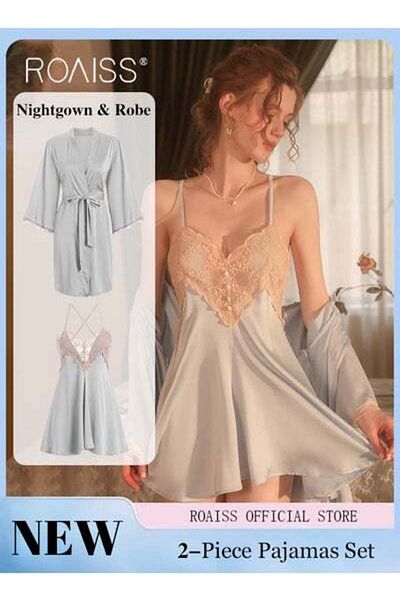 ROAISS 3-Piece Women Pajamas with V-Neck Design Women Home Wear Set Same Color Outer Robe