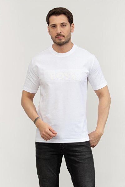 BOSS Erkek Regular Fit Yuvarlak Yaka Monogram Logolu Kısa Kollu Beyaz T-Shirt...