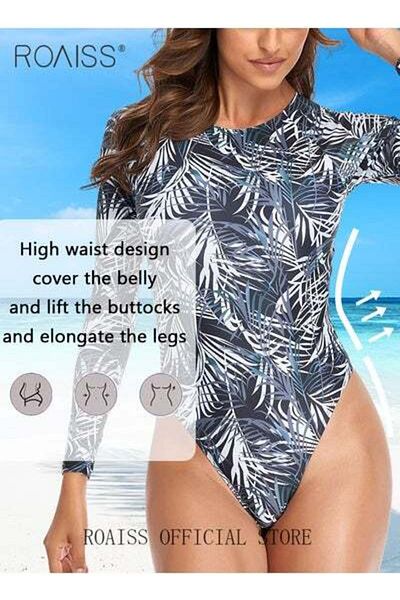 ROAISS Women Backless One Piece Swimsuit Round Neck Short Beachwear Ladies Long Sleeved Surfing Wetsuit