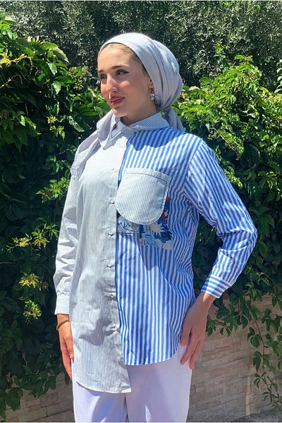 Moda Rosa 25Y4456 - Blue - Pocket Detail Striped Poplin Shirt