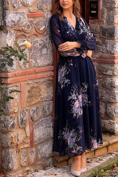 thezkscom Navy Blue Yellow Floral Double Breasted Collar Long Chiffon Dress