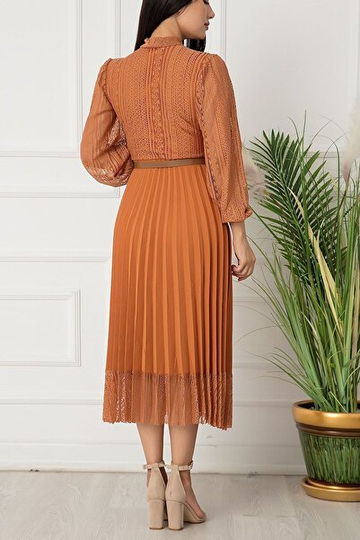 thezkscom Tan Halter Neck French Guipure Pleated Evening Dress
