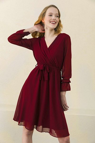thezkscom Burgundy Double Breasted Collar Short Lined Plus Size Chiffon Dress