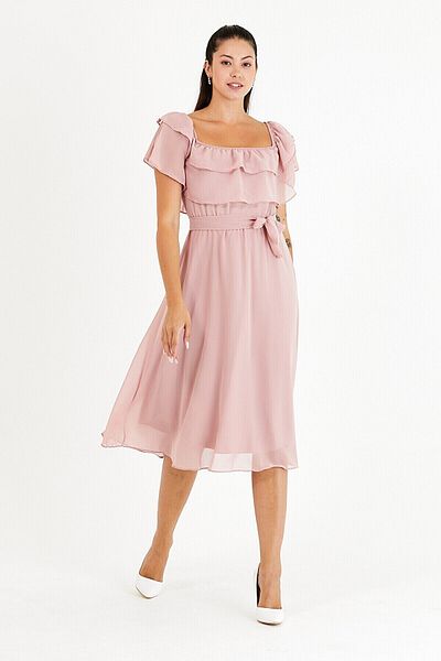 thezkscom Madonna Collar Powder Chiffon Lined Belted Plus Size Dress