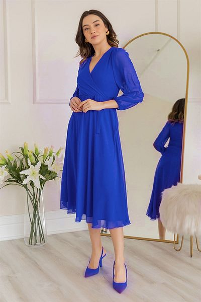 thezkscom Saks Balloon Sleeve Double Breasted Midi Length Chiffon Lined Plus Size Dress Sk