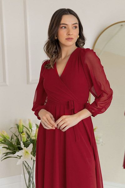 thezkscom Burgundy Balloon Sleeve Double Breasted Midi Length Chiffon Dress