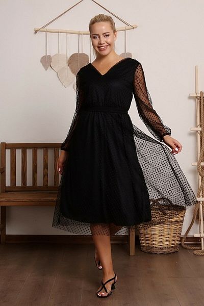 thezkscom Black Polka Dot V-Neck Tulle Plus Size Dress