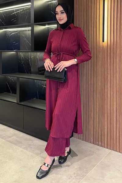 julude Plum Self Patterned Waist Tie Detailed Hijab Tunic Trousers Double Set