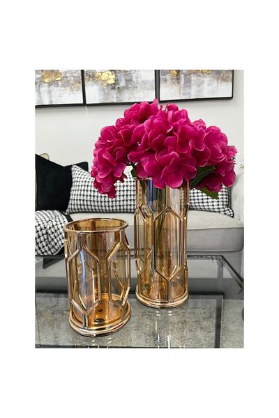 LUXXO Decorative Vase for Flowers or Candles, Amber Glass, Gold Metal Support, 12x12x28cm, Malia