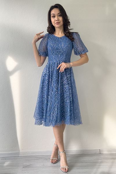 thezkscom Γυναικείο μπαλόνι μανίκι Glitter Flared Midi βραδινό φόρεμα Water Green, Μαύρο, Λευκό, Indigo