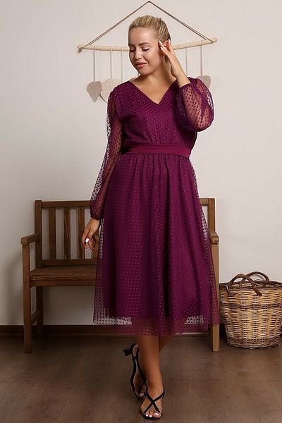 thezkscom Purple Polka Dot V-Neck Tulle Plus Size Dress