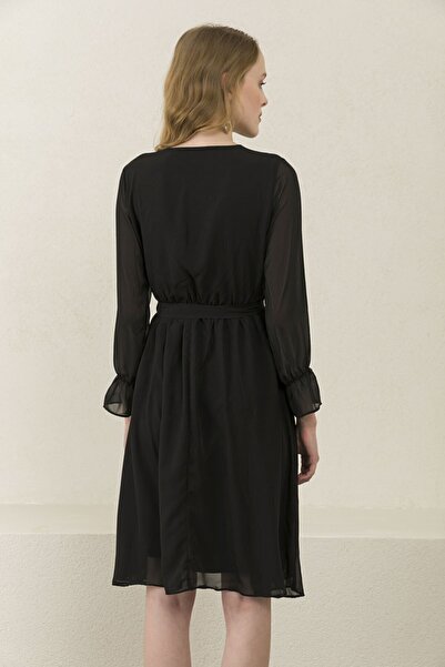 thezkscom Black Double-breasted Collar Short Lined Plus Size Chiffon Dress