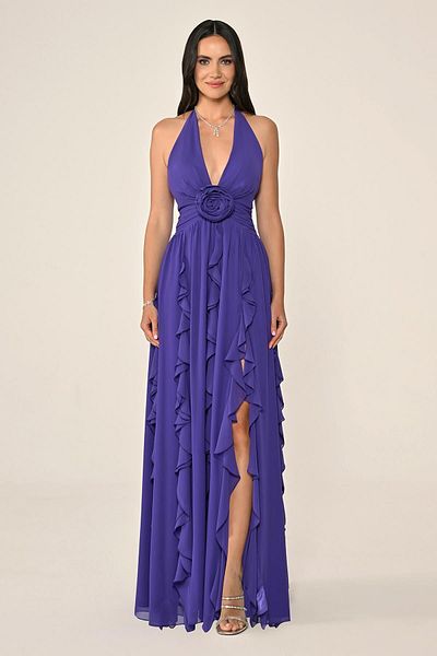 ALFABETA Women's Halter Neck V-Neck Big Rose Accessory Curvy Moving Skirt Part Purple Evening Dress & Mezu