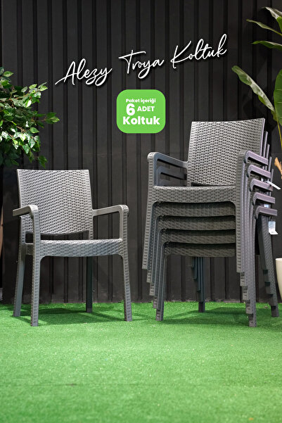 Alezy Troya Rattan Desenli Kollu Koltuk Bahçe Balkon Koltuğu 6'lı Set Antrasit Gri