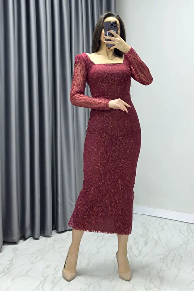 thezkscom Women's Square Collar Glitter Long Sleeve Midi Evening Dress Gold, Green, Black, Blue, Powder, Burgundy, White