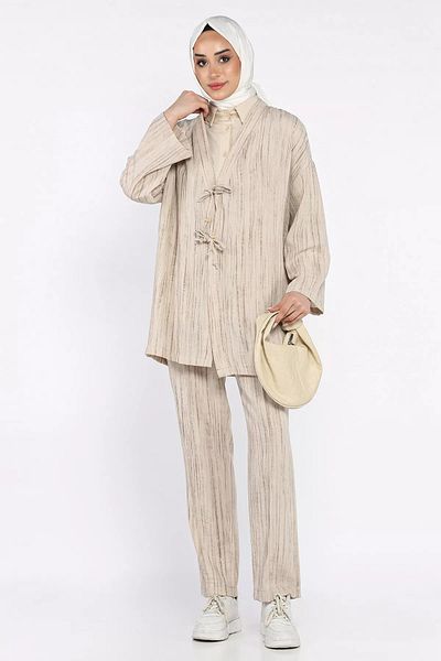 julude Stone Front Tie Jacket Pants Hijab Double Set